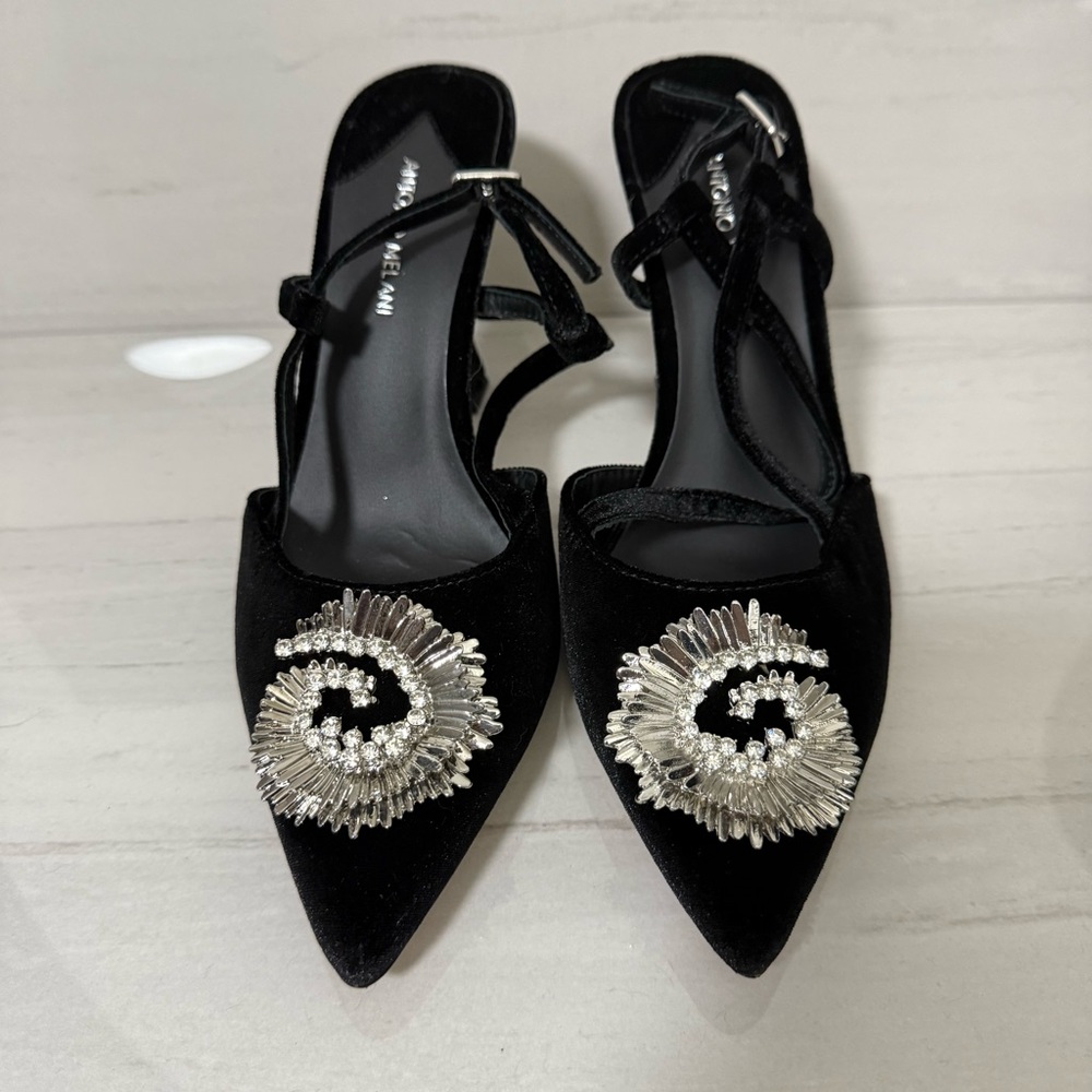 Antonio Melani Black Velvet Embellished Heels Elegant Strappy Pointed Toe Pumps - Picture 4 of 8